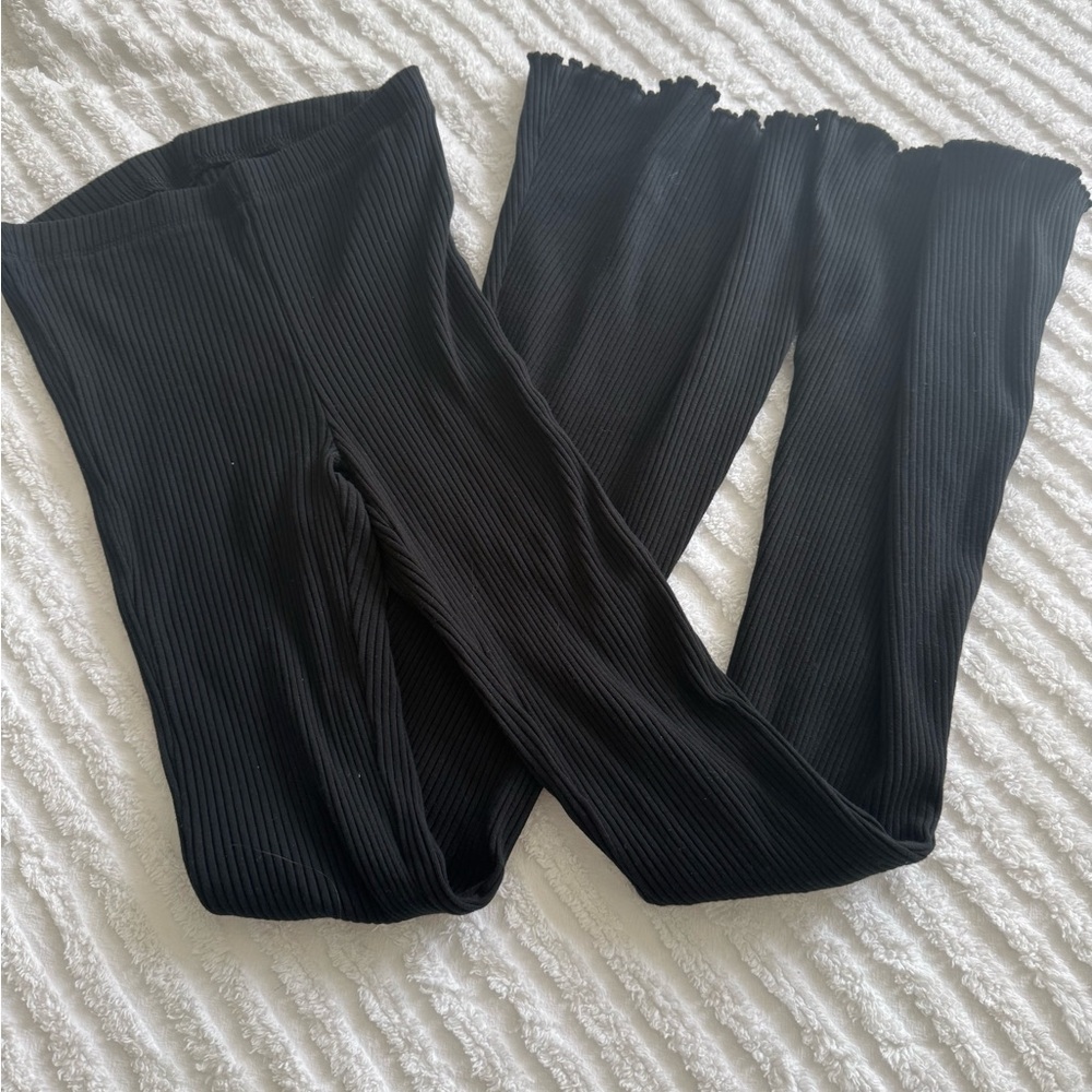 Aerie Black Ribbed Wide-Leg Flare Knit Pants